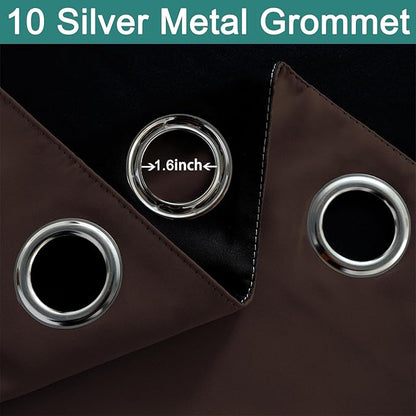 Yakamok 100% Blackout Curtains for Bedroom, 2 Thick Layers Thermal Insulated Grommet Total Blackout Drapes with Black Liner for Living Room (62Wx63L,Chocolate Brown, 2 Panels)
