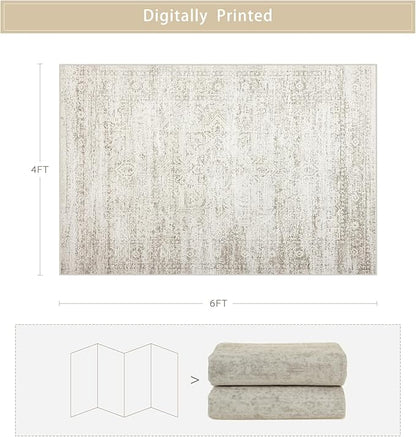 Washable Rugs 4x6 Area Rugs for Living Room,Bedroom,Kids Room,Nursery- Ultra Soft Faux Wool Small Carpets,Non Slip&Non-Shedding Low Pile Vintage Print Rugs for Enterway,Home Office Decor