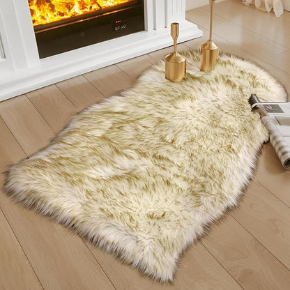 Ciicool Faux Sheepskin Rugs Soft Faux Fur Rug White Gradient Dark Green Fluffy Chair Couch Cover Fuzzy Carpet for Bedroom Floor Sofa Living Room 2x3 Feet