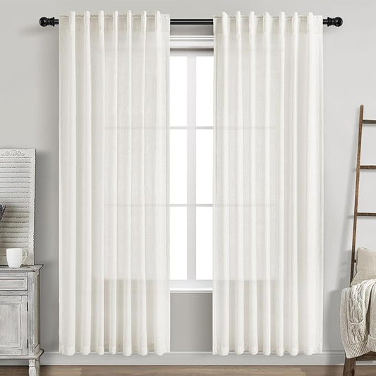 Beige White Linen Curtains 80 Inch Long for Bedroom Back Tab, Filters Light Privacy Transparent Curtains Modern Farmhouse Coastal Decor for Sliding Glass Doors 2 Panels 52x80