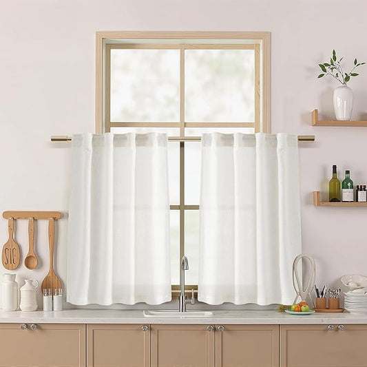 Nanspring Beige White Linen Curtains 36 Inch Length for Kitchen Window Cafe Curtain Privacy Semi Sheer Front Door Small Window Curtain Back Tab Rod Pocket for Bathroom Basement 26 X 36, 2 Panels
