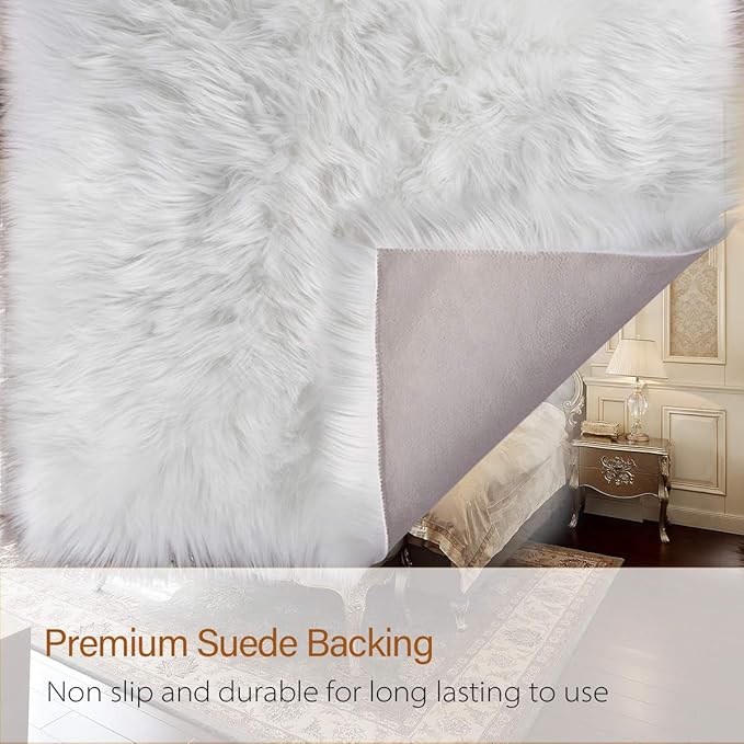 LOCHAS Soft Fluffy Faux Fur Rugs for Bedroom Bedside Rug 2x5 Feet, Washable, Furry Sheepskin Area Rug for Living Room Girls Room, Luxury Shag Carpet Home Decor, White