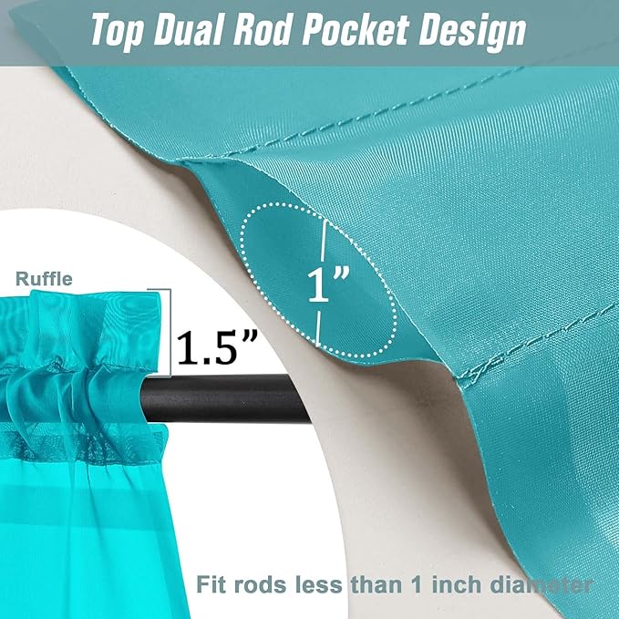 Turquoise Sheer Curtains for Window 96 Inches Long 2 Panels, Soft Airy Light Filtering Voile Sheer Curtains for Living Room Bedroom, Dual Rod Pocket Elegant Window Drapes, 2x42Wx96L Inches