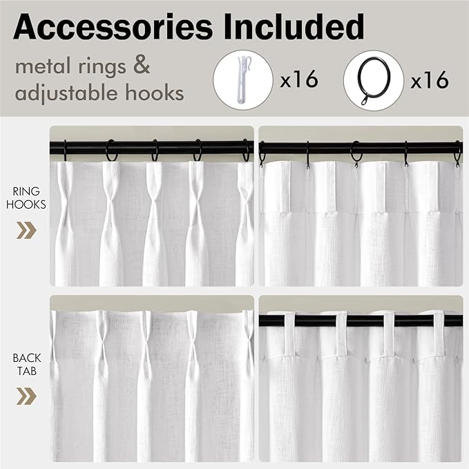 MIULEE Pinch Pleated White Thick Linen Curtains 108 Inches Long 2 Panels, Linen Texture Drapes for Living Room Bedroom Dining Room, Extra Long Light Filtering Farmhouse Foor to Ceiling Curtains