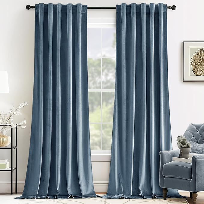 MIULEE Velvet Curtains 90 inches - Luxury Blackout Curtains for Bedroom Living Room Thermal Insulated Super Soft Window Drapes Rod Pocket & Back Tab, Stone Blue, W52 x L90 inches, 2 Panels