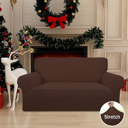 Easy-Going Stretch Loveseat Slipcover 1-Piece Sofa Cover Furniture Protector Couch Soft with Elastic Bottom for Kids Polyester Spandex Jacquard Fabric Small Checks (Loveseat, Coffee)