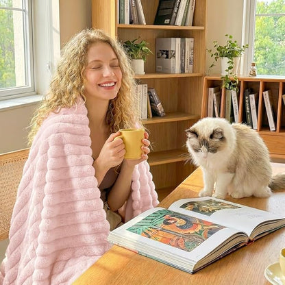HIMEET Pink Ribbed Queen Size Blanket for Bed - 300GSM Lightweight Fleece Blanket for Men Women, Large Cozy Sofa Couch Cover Bed Blankets Gifts, Striped Spring Home Room Decor, Pink, 90x90 Inches