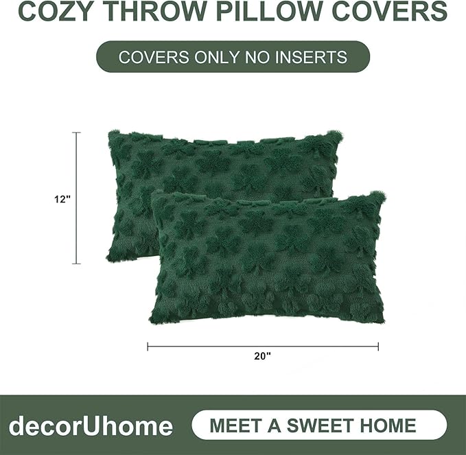decorUhome St. Patrick’s Day Shamrock Green Pillow Covers 12x20 Inch Set of 2, Soft Plush Faux Wool Throw Pillow Covers, Farmhouse Spring Holiday Decor for Sofa Living Room