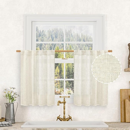 LAMIT Cafe Linen Curtains 30 Inch Length for Kitchen Windows Over Sink, Cream Ivory Semi Sheer Light Filtering Panels Back Tab and Rod Pocket Drapes for Small Window, 2 Panels, 34 x 30 Inch