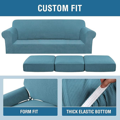 4 Piece Stretch Sofa Covers for 3 Cushion Couch Covers for Living Room Furniture Slipcovers (Base Cover Plus 3 Seat Cushion Covers) Upgraded Thicker Jacquard Fabric (XL Sofa, Storm Blue)