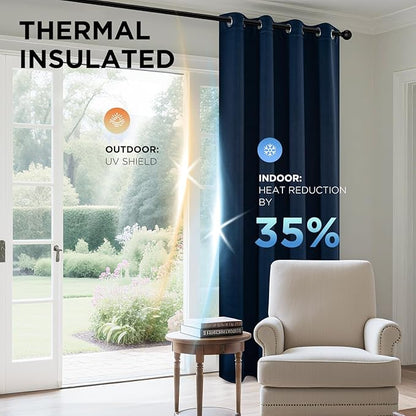 Joydeco Blackout Curtains 108 Inches Long 1 Panel, Thermal Insulated Long Curtains& Drapes 1 Piece, Room Darkening Grommet Drapes for Living Room Bedroom Window (W70 x L108 Inch, Navy Blue)