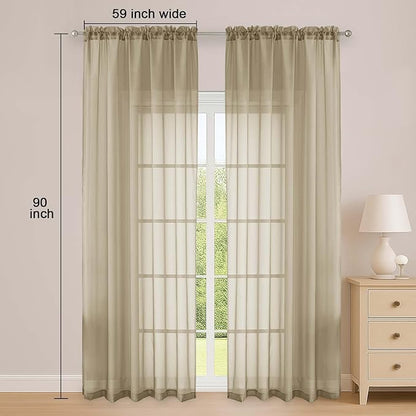 OWENIE Taupe Sheer Curtain 90 Inches Long 2 Panels Set, Solid Filmy Drapes for Living Room Bedroom, Elegant Window Voile Sheer Curtain Panels Drapes, 2 Pcs, Each 59" Wx90 L Inch