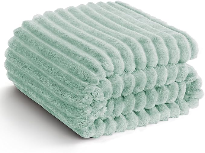 HIMEET Sage Green Ribbed Twin Blanket for Bed - 300GSM Lightweight Soft Fleece Blanket for Women, Blankets Graduation Birthday Gifts, Striped Spring Home School Dorm Decor, Sage Green, 60x80 Inches