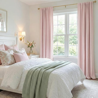 100% Blackout Shield Soft Pink Linen Blackout Curtains for Bedroom 84 Inches Long, Back Tab/Rod Pocket Living Room Drapes, Thermal Insulated Blackout Curtains 2 Panels Set, 50" W x 84" L