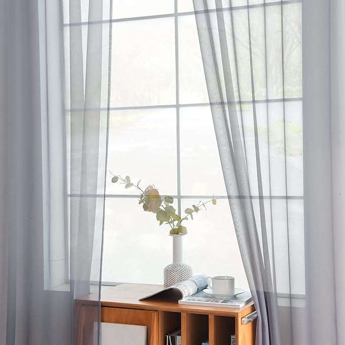youleyar Solid Sheer Rod Pocket Curtain Voile Draperies 2 Panels White Beige Black Grey Coffee 52 Inch Width 72 Inch Long 1 Pair for Kitchen Bedroom Children Living Room Yard(Grey,52Wｘ72L)
