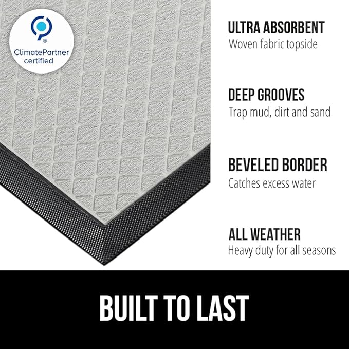 GORILLA GRIP 100% Waterproof All-Season WeatherMAX Doormat US Designed Natural Rubber, Stain and Fade Resistant, Low Profile Indoor Outdoor Door Mats, Easy Clean Patio Mat, 29x17, Light Gray