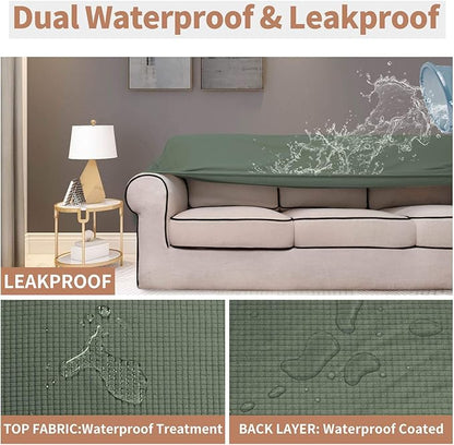 Easy-Going 100% Waterproof Loveseat Couch Cover, Dual Waterproof Sofa Cover, Stretch Jacquard Sofa Slipcover, Leakproof Furniture Protector for Kids, Pets, Dog and Cat (Loveseat, Grayish Green)