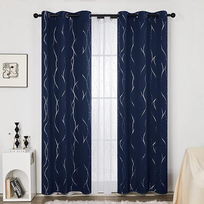 Deconovo Navy Blue Curtains, Blackout Curtain for Bedroom, 38 x 84 Inch, Thermal Insulated Soundproof Privacy Drapes with Silver Wave Dots Pattern, Grommet Top, Machine Washable Panel for Living Room