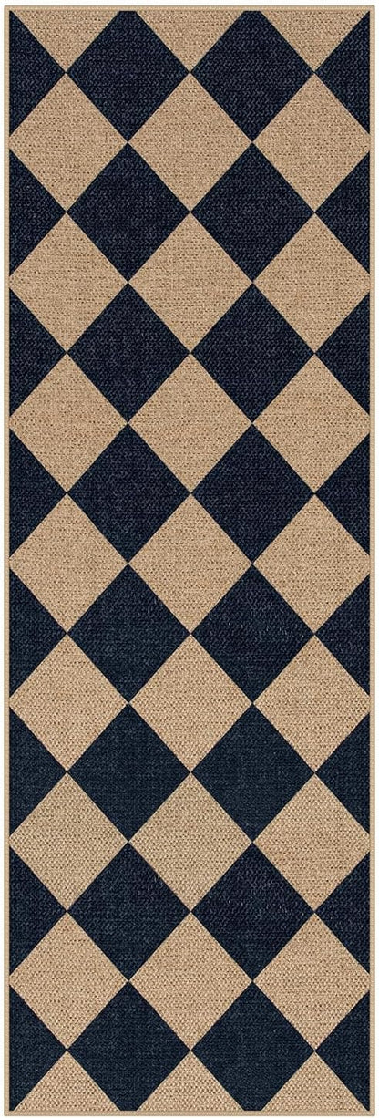 Lahome Colette Checkered Easy Jute Runner, 2x6 Kitchen Runner Rug Non Slip Washable Outdoor Rug for Entryway Indoor, Checkerboard Black Indoor Outdoor Carpet for Hallway 6ft Entry Front Door