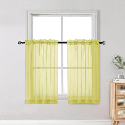 OWENIE Short Lemon Sheer Curtains 36 Inch Length 2 Panels Set, Kitchen Tiers Curtains Light Filter Rod Pocket Voile Cafe Curtain for Basement Bathroom Small Half Window, 42" W x 36" L, Lemon