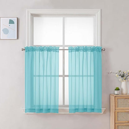 Chyhomenyc Sheer Curtains 36 inch Length 2 Panels Set, Light Filtering Voile Rod Pocket Short Window Curtians for Bathroom Living Room Farmhouse Small Windows, Each 42Wx36L in, 2PCS, Aqua