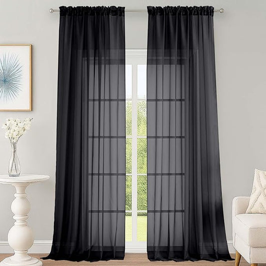 OWENIE Black Sheer Curtains 120 Inches Long 2 Panels Set, Airy Lightweight Sheer Black Curtain for Living Room Bedroom, Farmhouse Voile Filmy Rod Pocket Curtains Drapes, 2 Pcs, Each 59" Wx120 L Inch