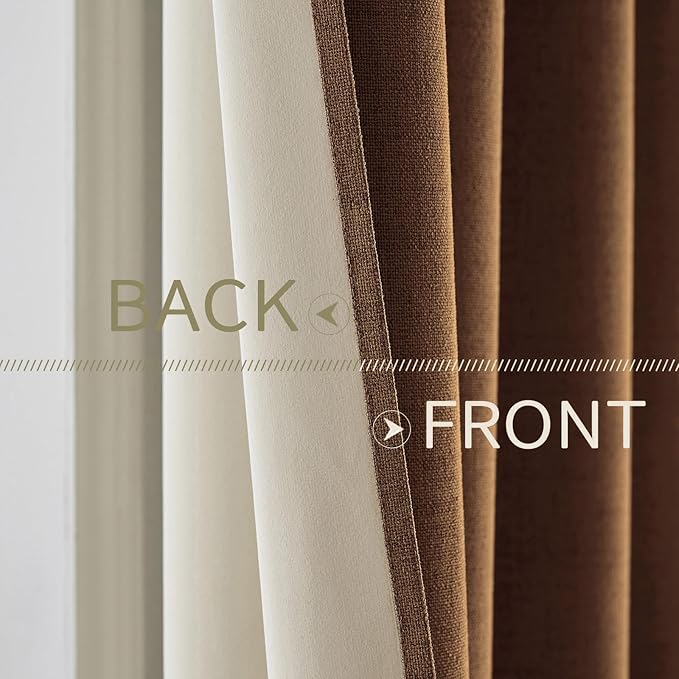 MIULEE Linen Curtains 100% Blackout for Bedroom Thermal Insulated Brown Grommet Room Darkening Curtains & Drapes Fall Decor for Living Room Nursery 52 x 72 Inch (2 Panels)