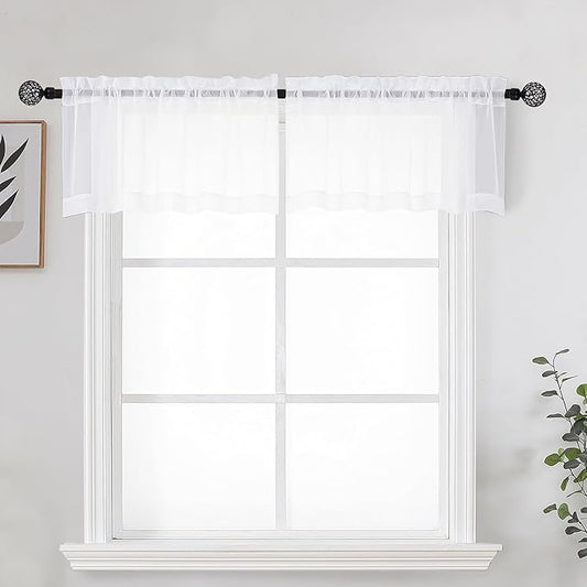 OWENIE White Sheer Curtains for Kitchen Valance Set of 2, Small Short Modern Rod Pocket Voile Valance Curtain Window Treatment Decor for Living Room Bathroom Cafe Laundry Basement, 42" W x 14" L