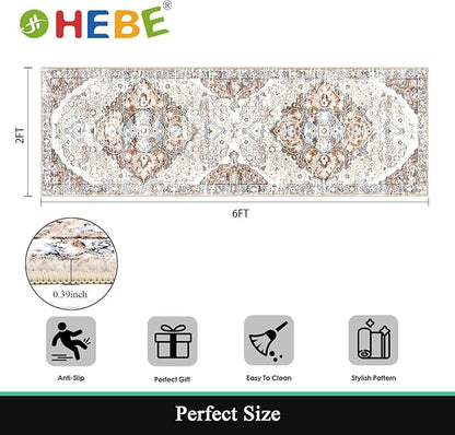 HEBE Hallway Runner Rug 2'x6' Washable Vintage Distressed Area Rugs Non Slip Laundry Rug Runner Boho Floor Carpet Runners for Hallways Entryway Laundry Room Kitchen Bathroom