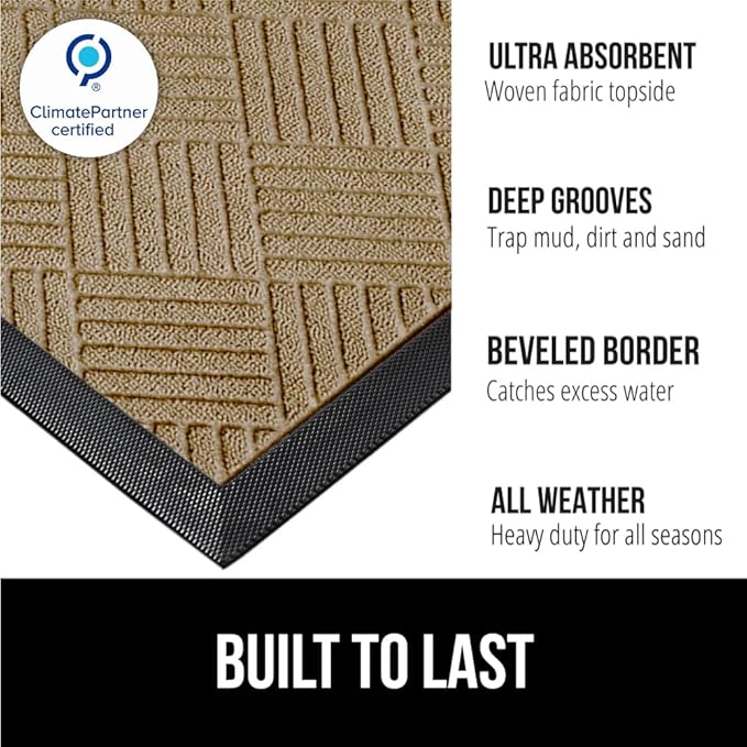 GORILLA GRIP 100% Waterproof All-Season WeatherMAX Doormat US Designed Natural Rubber, Stain and Fade Resistant, Low Profile Indoor Outdoor Door Mats, Easy Clean Patio Mat, 29x17, Beige Diamond