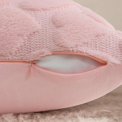 decorUhome Valentine’s Day Soft Plush Throw Pillow Covers 20x20 Inch Set of 2, Faux Fur Pink Heart Decoration Neutral Square Pillow Covers for Couch Sofa Bed Cozy Farmhouse Holiday Decor