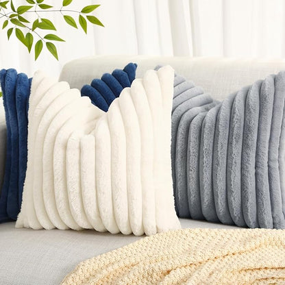 decorUhome Cozy Faux Fur Throw Pillow Covers 26x26 Set of 2 Decorative Soft Plush Striped Modern Farmhouse Boho Couch Euro Sham Pillow Cases with Velvet Back for Sofa Bed Living Room, Grey