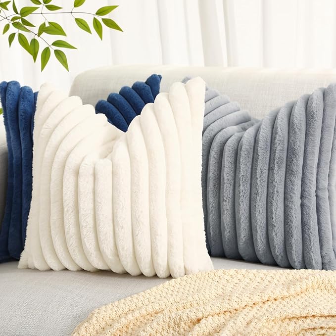 decorUhome Cozy Faux Fur Throw Pillow Covers 18x18 Set of 2 Decorative Soft Plush Striped Modern Farmhouse Boho Couch Pillow Cases with Velvet Back for Sofa Bed Living Room, Grey