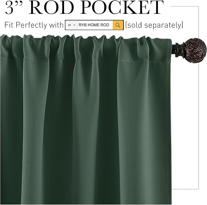 RYB HOME Blackout Privacy Bathroom Window Curtains, Short Thermal Insulated Heat Blocking Privacy Rod Pocket Half Window Curtain Tiers for Nursery Bedroom, Width 42 by Length 30, Dark Green, 2 Panels