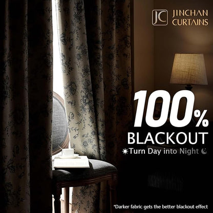 jinchan Blackout Floral Curtains for Living Room Bedroom Linen Blend Curtain Farmhouse Grey Printed with Lined Back Tab Rod Pocket Drapes Window Treatments 2 Panels 90 Inch Gray