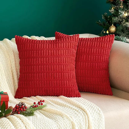 MIULEE Pack of 2 Red Corduroy Decorative Pillow Covers 12x12 Inch Soft Boho Striped Throw Pillow Covers Modern Farmhouse Home Decor for Sofa Living Room Couch Bed