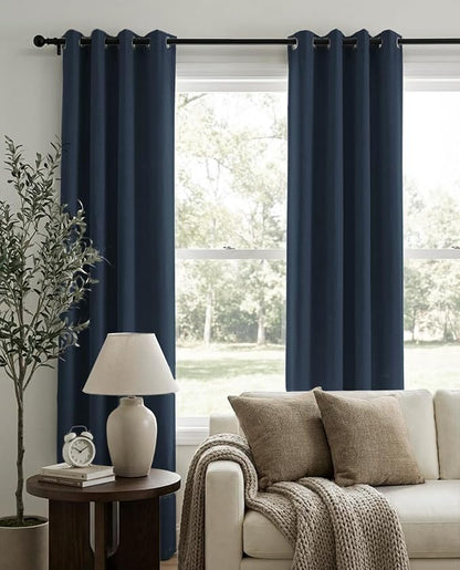 100% Blackout Shield Linen Blackout Curtains for Bedroom, Navy Blue Grommet Curtains for Living Room, Thermal Insulated Room Darkening Drapes for Nursery, Boho Home Decor, 50" W x 72" L, 2 Panels