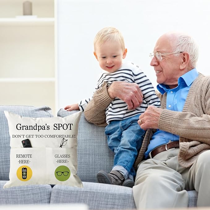 ONFAON Grandpa Gifts,Grandpa's Spot Throw Pillow Covers 18x18 Inch for Bed Sofa Couch,Birthday Christmas Thanksgiving Day Gifts for Grandpa Stepdad,2-Pocket