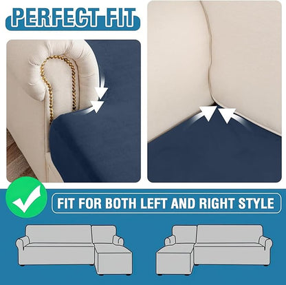 Couch Cover 6-Piece Elastic Velvet Couch Cushion Covers & Chaise Slipcovers for L-Shaped Sofas, Sofa Seat Covers Washable, Soft Cover for Couches (5 Seater + Chaise, Berlin Blue)