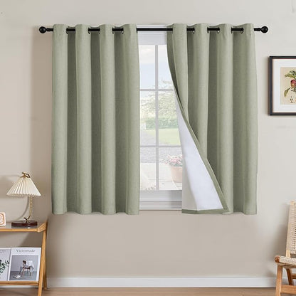 H.VERSAILTEX Linen Curtains 100% Blackout Curtains for Bedroom 45 inch Long Full Light Blocking Nature Linen Blended Window Curtains for Living Room Nickel Grommet (2 Panels, Heathered Tea)