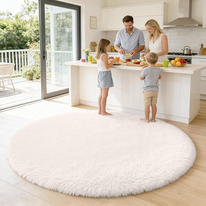 OLANLY Ivory Round Rugs for Bedroom - Machine Washable, 6 ft Circle Area Rugs for Living Room, Soft and Fluffy Shaggy Carpet for Teen Girls and Boys, Nursery Rooms, Dorms, Home Decor Aesthetic