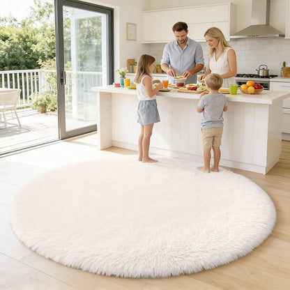 OLANLY Ivory Round Rugs for Bedroom - Machine Washable, 6 ft Circle Area Rugs for Living Room, Soft and Fluffy Shaggy Carpet for Teen Girls and Boys, Nursery Rooms, Dorms, Home Decor Aesthetic