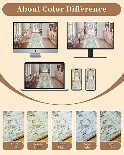 Madane Runner Rug 2x8, Washable Hallway Runner Rugs, Non-Slip Low-Pile Soft Kitchen Rug Runner Laundry Room Rug, Vintage Throw Entry Foyer Mat for Entrance Living Room (Green/Ivory, 2 x 8)