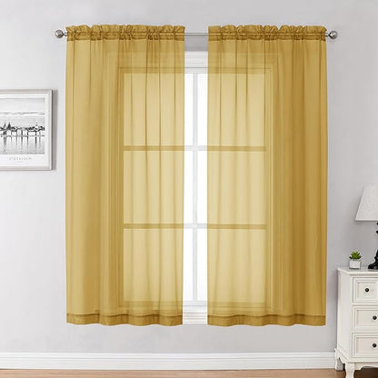 Chyhomenyc Gold Sheer Curtains 63 Inch Length 2 Panels, Rod Pocket Solid Window Sheer Curtain Panels, Elegant Curtains & Drapes for Living Room Bedroom 2 Panels (Gold, 42 W x 63 L)