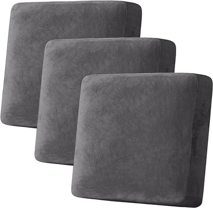H.VERSAILTEX Velvet Stretch Couch Cushion Cover Plush Cushion Slipcover for Chair Loveseat Sofa Cushion Furniture Protector Seat Cushion Sofa Cover (3 Piece XL Sofa Cushion Covers, Grey)