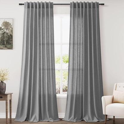 Dark Grey Linen Curtains 90 Inch Length 2 Panel Set for Living Room Light Filtering Elegant Farmhouse Curtain Rod Pocket Back Tab Window Drapes 90 Inches Long for Dining Room Bedroom Nursery 52x90