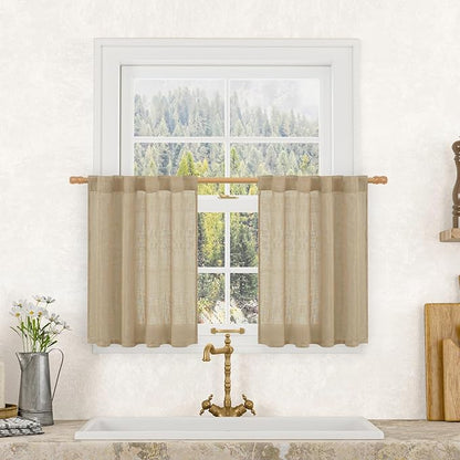 LAMIT Brown Linen Curtains 24 Inch Length, Semi Sheer Light Filtering Window Panels Back Tab and Rod Pocket Drapes for Basement/Small Windows, 25 x 24 Inch, 2 Panels