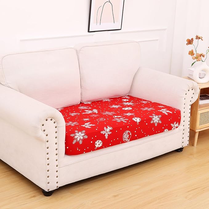 hyha Printed Couch Cushion Covers, Floral Sofa Covers Washable for 2 Cushion Couch, Stretch Pattern Outdoor Cushion Covers for Patio Furniture with Elastic Bottom(Medium, Snowflake Bell)