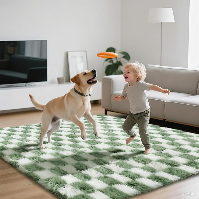 Area Rugs for Bedroom Living Room,8x10 Green and White Fluffy Soft Checkered Rug Fuzzy Shag Shaggy Carpet, Indoor Plush Floor Rugs for Kids Boys Girls Teen Dorm Nursery Home Decor