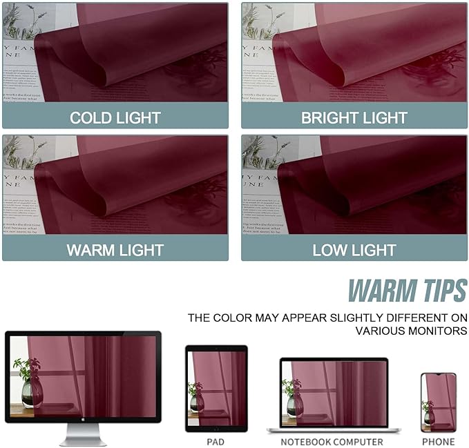 Burgundy Small Sheer Curtains 2 Panels Set, Kitchen Curtains 36 Inch Length, Elegant Light Filtering Short Window Drapes for Living Room Bedroom, Dual Rod Pocket Design, 2x42Wx36L Inches